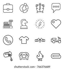 Thin line icon set : portfolio, circle diagram, alarm clock, message, cashbox, chess horse, lightning, heart, phone, t shirt, drawbridge, scooter shipping, mixer, pretzel, fire, towel