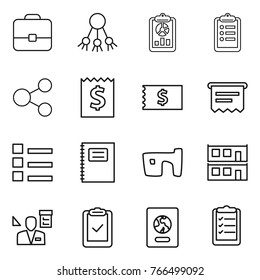 Thin line icon set : portfolio, share, report, clipboard, receipt, atm, list, copybook, slum, modular house, architector, check, passport