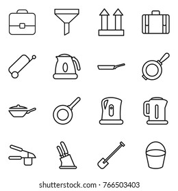 Thin line icon set : portfolio, funnel, cargo top sign, suitcase, kettle, pan, garlic clasp, knife holder, shovel, bucket