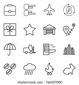 Thin line icon set : portfolio, diagram, plane, battery charge, gift, star, garage, route, dry cargo, fork loader, hotel, coffee seeds, rain cloud, fire, rabbit