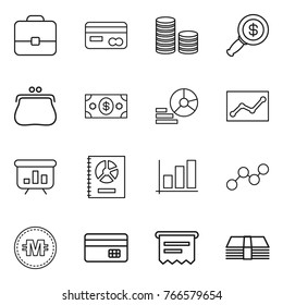 Thin line icon set : portfolio, card, coin stack, dollar magnifier, purse, money, diagram, statistics, presentation, annual report, graph, crypto currency, credit, atm receipt