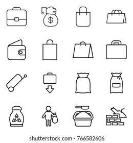Thin line icon set : portfolio, money gift, shopping bag, wallet, suitcase, baggage get, flour, fertilizer, trash, washing powder, construct garbage
