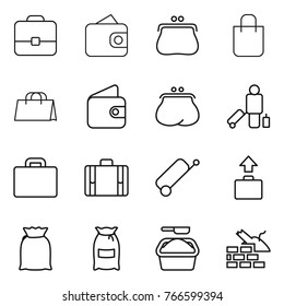 Thin line icon set : portfolio, wallet, purse, shopping bag, passenger, suitcase, baggage, flour, washing powder, construct garbage