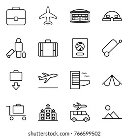 Thin line icon set : portfolio, plane, airport building, dome house, passenger, suitcase, passport, baggage get, departure, hotel, tent, trolley, transfer, landscape