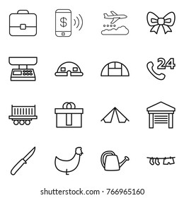 Thin line icon set : portfolio, phone pay, weather management, bow, market scales, dome house, greenhouse, 24, truck shipping, hi quality package, tent, garage, knife, chicken, watering can