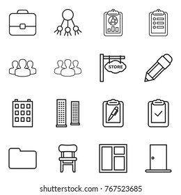 Thin line icon set : portfolio, share, report, clipboard, group, store signboard, pencil, building, skyscrapers, pen, check, documents, chair, window, door