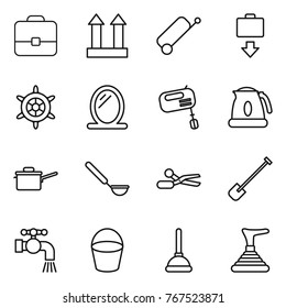 Thin line icon set : portfolio, cargo top sign, suitcase, baggage get, handwheel, mirror, mixer, kettle, saute pan, ladle, scissors, shovel, water tap, bucket, plunger