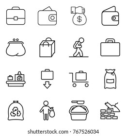 Thin line icon set : portfolio, wallet, money gift, purse, shopping bag, tourist, suitcase, baggage checking, get, trolley, flour, garbage, trash, washing powder, construct