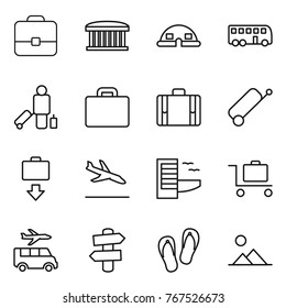 Thin line icon set : portfolio, airport building, dome house, bus, passenger, suitcase, baggage get, arrival, hotel, trolley, transfer, signpost, flip flops, landscape