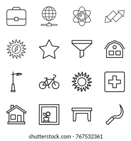 Thin line icon set : portfolio, globe connect, atom, up down arrow, sun power, star, funnel, house, outdoor light, bike, first aid, home, flower in window, table, sickle
