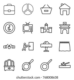 Thin line icon set : portfolio, diagram, remove from basket, home, info, tv, castle, arch, drawbridge, courier delivery, restaurant, curtain, dresser, pan, soil cutter