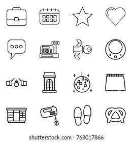 Thin line icon set : portfolio, calendar, star, heart, message, cashbox, satellite, necklace, drawbridge, building, disco ball, curtain, wardrobe, mixer, slippers, pretzel