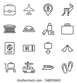 Thin line icon set : portfolio, plane, dollar pin, greate wall, airport building, dome house, passenger, suitcase, passport, ticket, baggage get, tent, trolley, transfer, yacht, flip flops