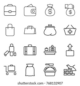 Thin line icon set : portfolio, wallet, money bag, gift, shopping, purse, add to basket, passenger, suitcase, baggage checking, trolley, flour, washing powder, construct garbage