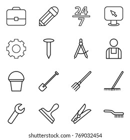 Thin line icon set : portfolio, pencil, 24 7, monitor arrow, gear, nail, draw compass, workman, bucket, shovel, fork, rake, wrench, scraper, clothespin, brush