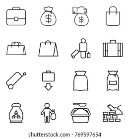 Thin line icon set : portfolio, money bag, gift, shopping, passenger, suitcase, baggage get, flour, fertilizer, trash, washing powder, construct garbage