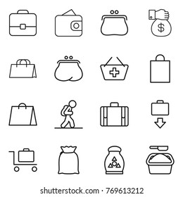 Thin line icon set : portfolio, wallet, purse, money gift, shopping bag, add to basket, tourist, suitcase, baggage get, trolley, flour, fertilizer, washing powder