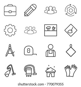 Thin line icon set : portfolio, pencil, group, around gear, tools, under construction, draw compass, measuring tape, workman, rag, vacuum cleaner, house cleaning, gloves