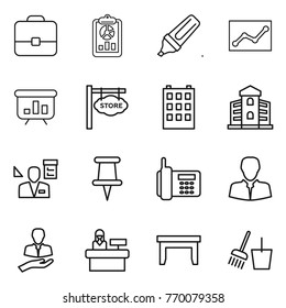 Thin line icon set : portfolio, report, marker, statistics, presentation, store signboard, building, architector, pin, phone, client, reception, table, bucket and broom