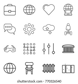 Thin line icon set : portfolio, globe, heart, notebook, discussion, round around, cloude service, hoverboard, smart glasses, chip, equalizer, airport building, chair, radiator, clean window
