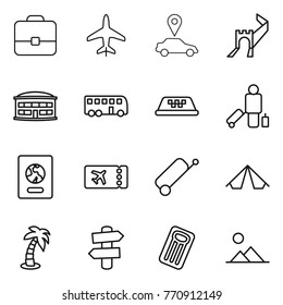 Thin line icon set : portfolio, plane, car pointer, greate wall, airport building, bus, taxi, passenger, passport, ticket, suitcase, tent, palm, signpost, inflatable mattress, landscape