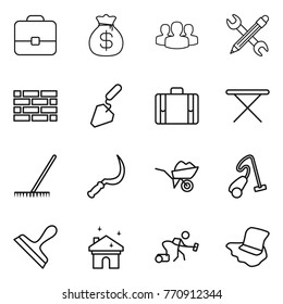 Thin line icon set : portfolio, money bag, group, pencil wrench, brick wall, construction, suitcase, iron board, rake, sickle, wheelbarrow, vacuum cleaner, scraper, house cleaning, floor washing