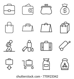 Thin line icon set : portfolio, wallet, purse, money bag, shopping, tourist, passenger, suitcase, baggage get, trolley, flour, fertilizer