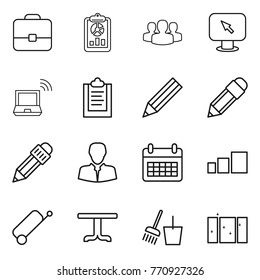 Thin line icon set : portfolio, report, group, monitor arrow, notebook wireless, clipboard, pencil, client, calendar, sorting, suitcase, table, bucket and broom, clean window