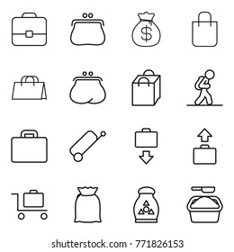 Thin line icon set : portfolio, purse, money bag, shopping, tourist, suitcase, baggage get, trolley, flour, fertilizer, washing powder