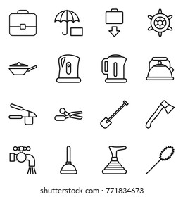 Thin line icon set : portfolio, insurance, baggage get, handwheel, pan, kettle, garlic clasp, scissors, shovel, axe, water tap, plunger, duster