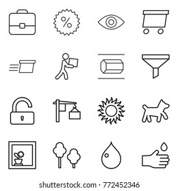 Thin line icon set : portfolio, percent, eye, delivery, courier, nano tube, funnel, unlock, loading, sun, dog, flower in window, trees, drop, hand