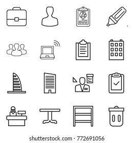 Thin line icon set : portfolio, man, report, marker, group, notebook wireless, clipboard, building, skyscraper, architector, check, reception, table, rack, trash bin