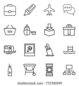 Thin line icon set : portfolio, marker, plane, discussion, remove from basket, port, package, hi quality, trailer, photo, stands for knives, pool, vegetable oil, bbq, pasta, hierarchy