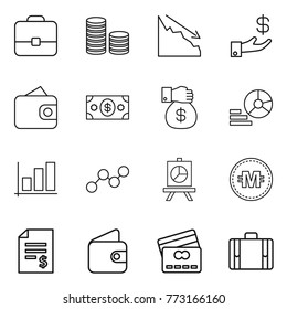 Thin line icon set : portfolio, coin stack, crisis, investment, wallet, money, gift, diagram, graph, presentation, crypto currency, account balance, credit card, suitcase