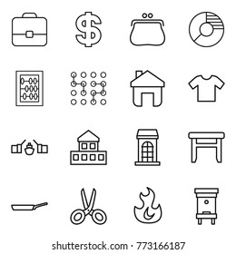 Thin line icon set : portfolio, dollar, purse, circle diagram, abacus, chip, home, t shirt, drawbridge, cottage, building, stool, pan, scissors, fire, hive