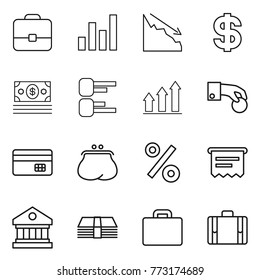 Thin line icon set : portfolio, graph, crisis, dollar, money, diagram, up, hand coin, credit card, purse, percent, atm receipt, library, suitcase