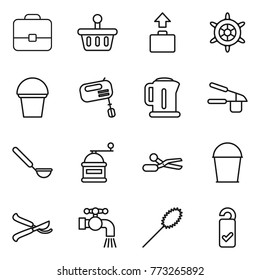 Thin line icon set : portfolio, basket, baggage, handwheel, bucket, mixer, kettle, garlic clasp, ladle, hand mill, scissors, pruner, water tap, duster, please clean