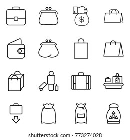 Thin line icon set : portfolio, purse, money gift, shopping bag, wallet, passenger, suitcase, baggage checking, get, flour, fertilizer