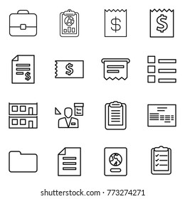 Thin line icon set : portfolio, report, receipt, account balance, atm, list, modular house, architector, clipboard, invoice, documents, document, passport