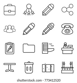 Thin line icon set : portfolio, share, pencil, group, phone, clipboard pen, documents, hotel, reception, table, trash bin, clean window, skysrcapers cleaning