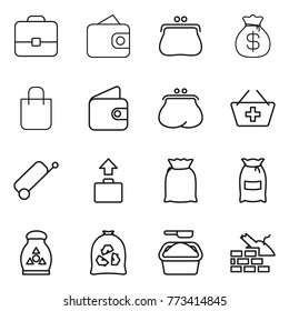 Thin line icon set : portfolio, wallet, purse, money bag, shopping, add to basket, suitcase, baggage, flour, fertilizer, garbage, washing powder, construct