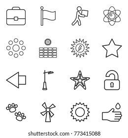 Thin line icon set : portfolio, flag, courier, atom, round around, sun power, star, left arrow, outdoor light, starfish, unlocked, pets, windmill, hand drop