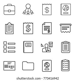 Thin line icon set : portfolio, share, receipt, annual report, clipboard, account balance, atm, list, copybook, architector, invoice, documents, passport