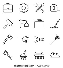 Thin line icon set : portfolio, gear, pencil wrench, measuring tape, repair, loading, suitcase, rake, axe, wheelbarrow, pruner, blower, vacuum cleaner, brush, iron