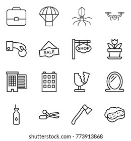 Thin line icon set : portfolio, parachute, virus, drone, hand coin, sale, shop signboard, flower, houses, building, broken, mirror, vegetable oil, scissors, axe, sponge with foam