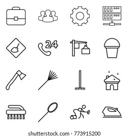Thin line icon set : portfolio, group, gear, server, under construction, phone 24, loading, bucket, axe, rake, house cleaning, brush, duster, vacuum cleaner, iron