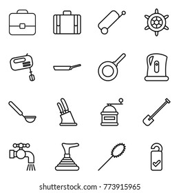 Thin line icon set : portfolio, suitcase, handwheel, mixer, pan, kettle, ladle, knife holder, hand mill, shovel, water tap, plunger, duster, please clean