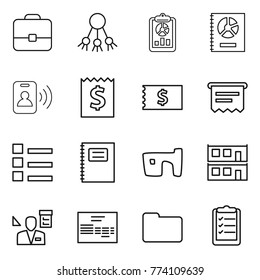 Thin line icon set : portfolio, share, report, annual, pass card, receipt, atm, list, copybook, slum, modular house, architector, invoice, documents, clipboard