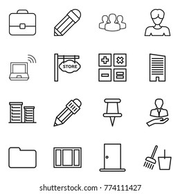 Thin line icon set : portfolio, pencil, group, woman, notebook wireless, store signboard, calculator, skyscraper, district, pin, client, documents, window, door, bucket and broom