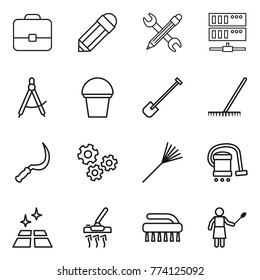 Thin line icon set : portfolio, pencil, wrench, server, draw compass, bucket, shovel, rake, sickle, gears, vacuum cleaner, clean floor, brush, woman with duster